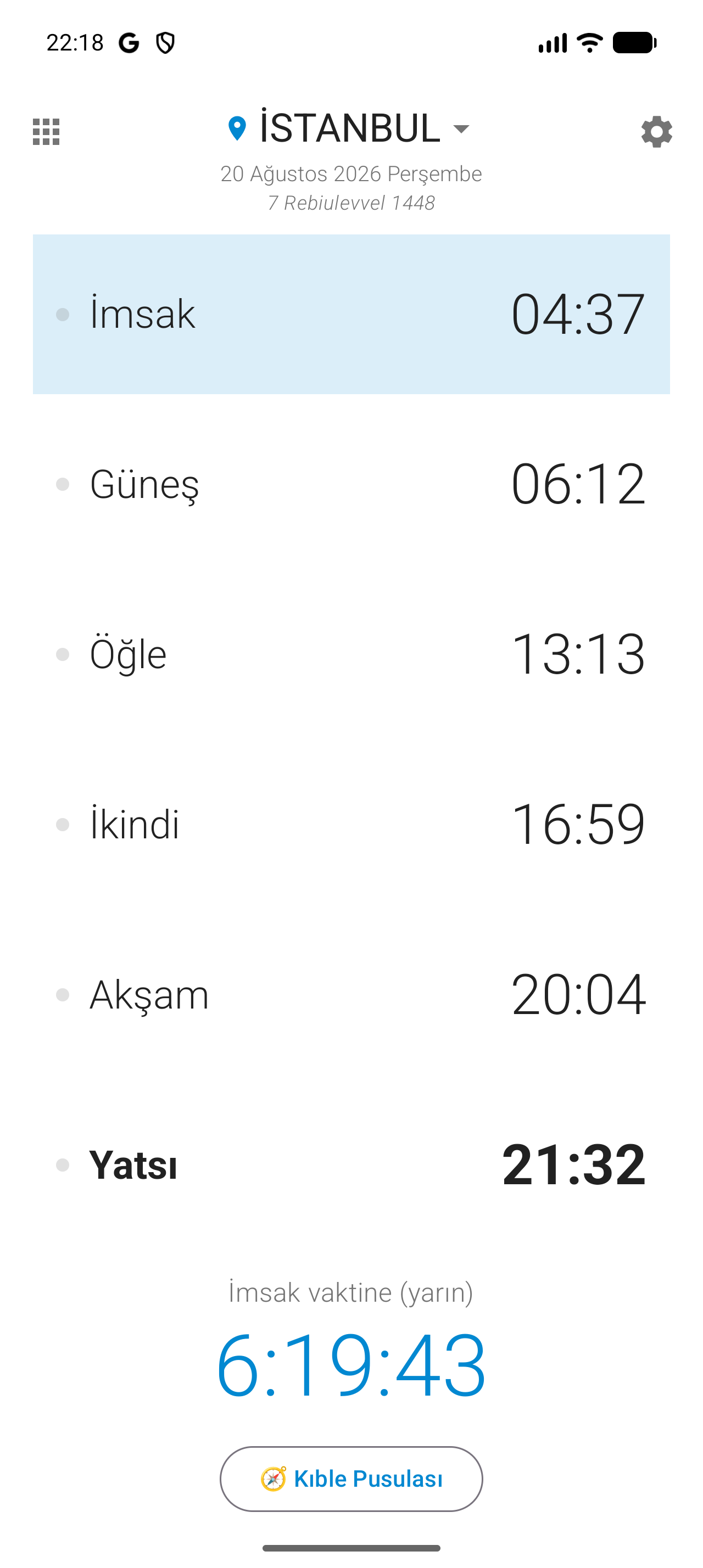 Namaz Vakti ana ekranı: sıradaki vakte geri sayım ve günün altı vakti